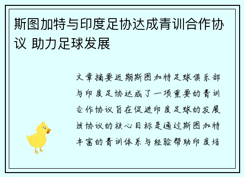 斯图加特与印度足协达成青训合作协议 助力足球发展