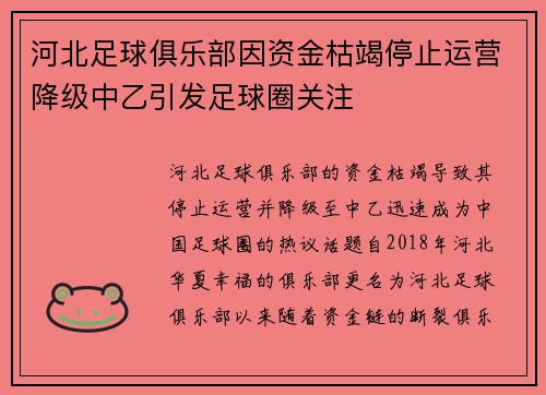 河北足球俱乐部因资金枯竭停止运营降级中乙引发足球圈关注
