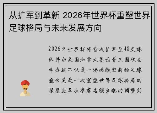 从扩军到革新 2026年世界杯重塑世界足球格局与未来发展方向
